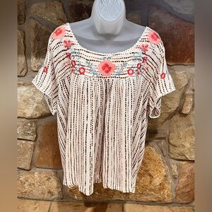 Savanna Jane Blouse Women 2X Embroidered Floral Accents Lace Trim Pullover